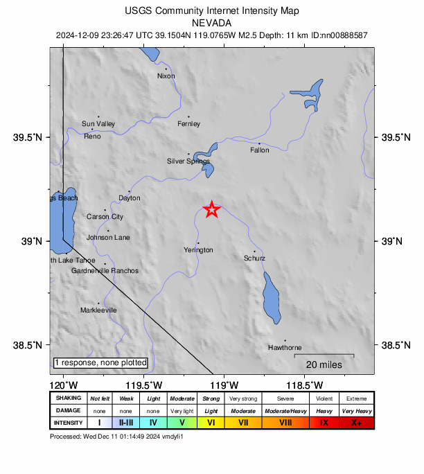 USGS DYFI community-reported intensity map for the M2.5 earthquake near 19 km NNE of Yerington, Nevada