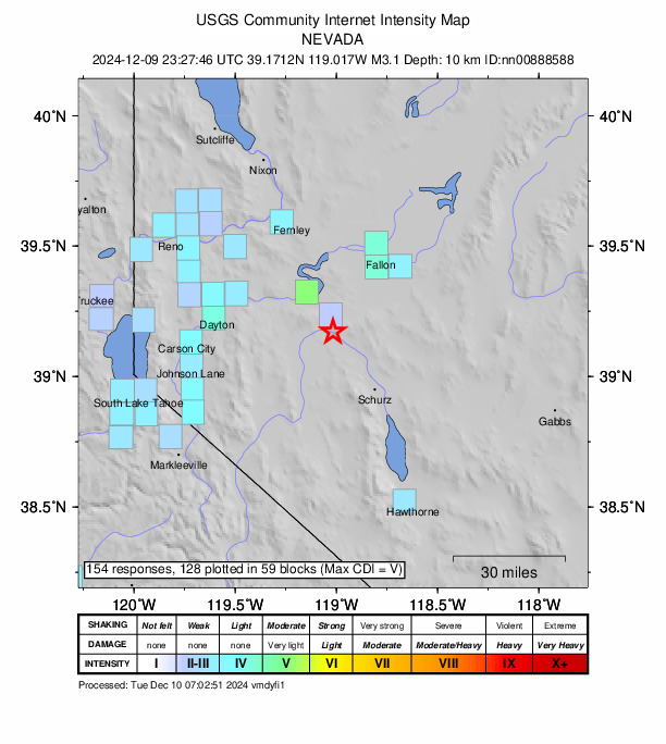 USGS DYFI community-reported intensity map for the M3.1 earthquake near 24 km NNE of Yerington, Nevada