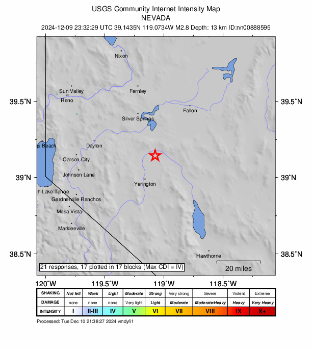 USGS DYFI community-reported intensity map for the M2.8 earthquake near 19 km NNE of Yerington, Nevada