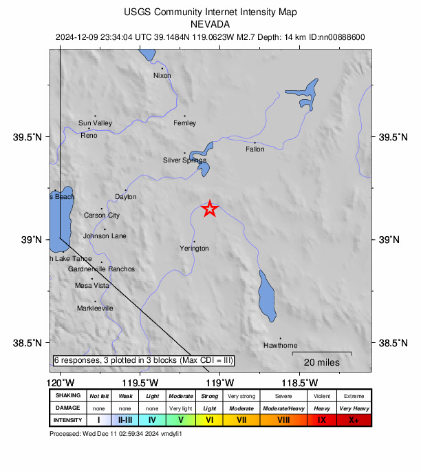 USGS DYFI community-reported intensity map for the M2.7 earthquake near 20 km NNE of Yerington, Nevada