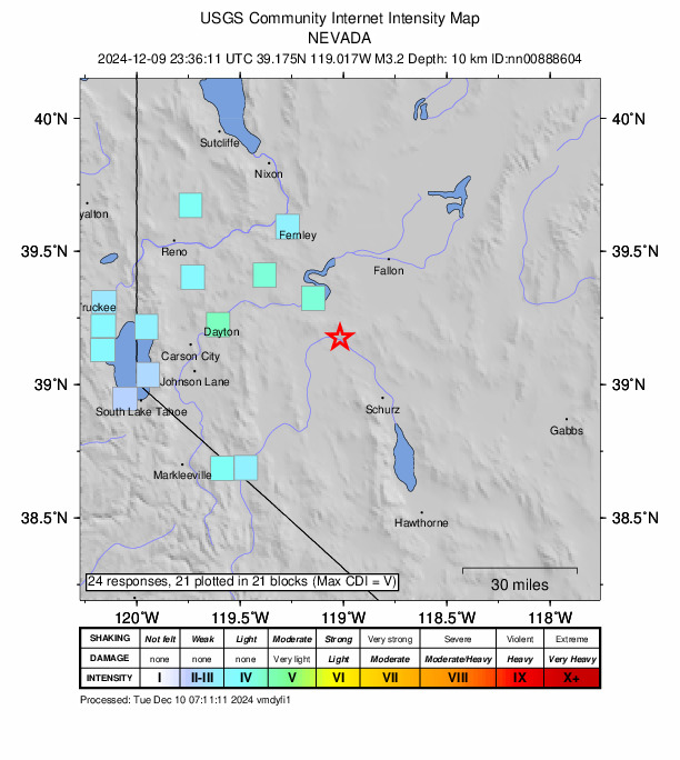 USGS DYFI community-reported intensity map for the M3.2 earthquake near 24 km NNE of Yerington, Nevada