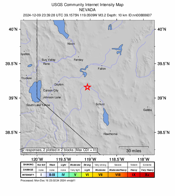 USGS DYFI community-reported intensity map for the M3.2 earthquake near 21 km NNE of Yerington, Nevada