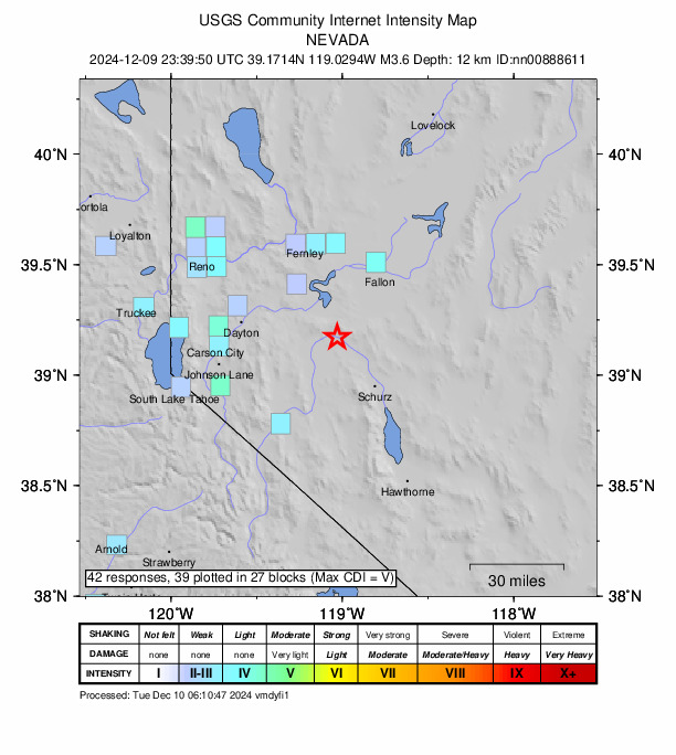 USGS DYFI community-reported intensity map for the M3.6 earthquake near 23 km NNE of Yerington, Nevada