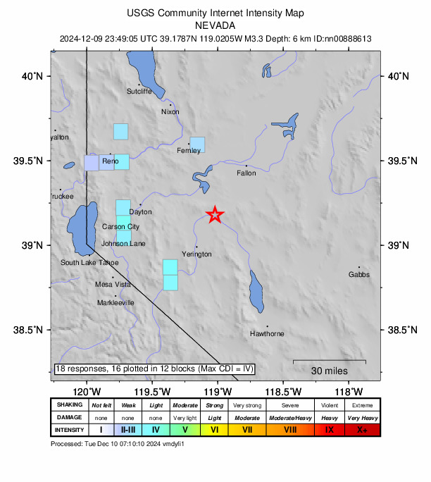 USGS DYFI community-reported intensity map for the M3.3 earthquake near 24 km NNE of Yerington, Nevada
