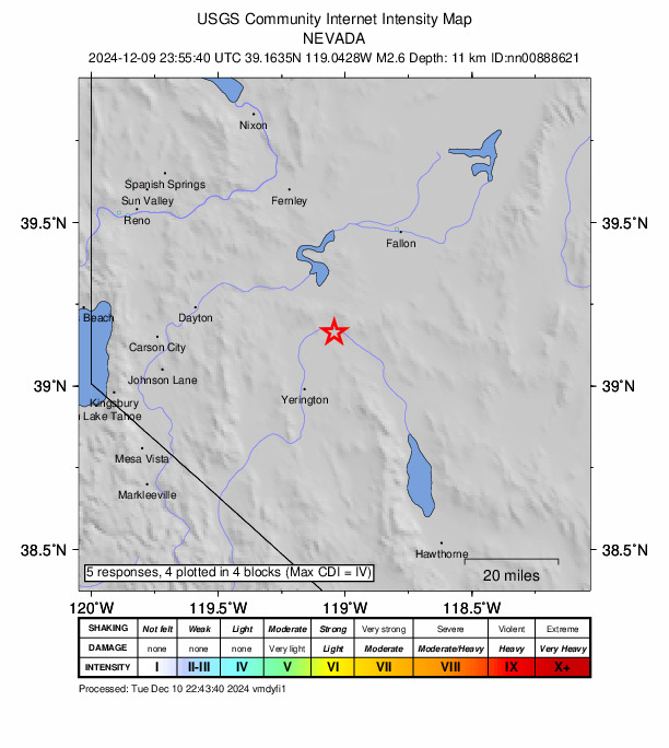 USGS DYFI community-reported intensity map for the M2.6 earthquake near 22 km NNE of Yerington, Nevada