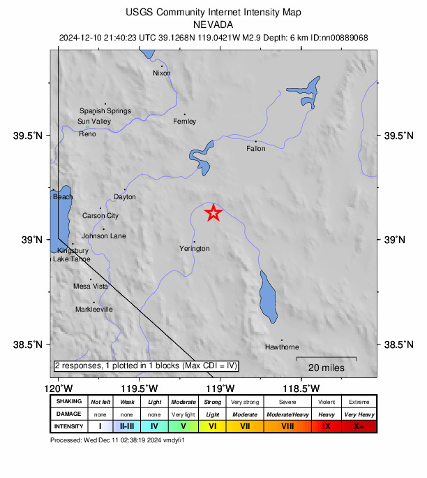 USGS DYFI community-reported intensity map for the M2.9 earthquake near 18 km NE of Yerington, Nevada