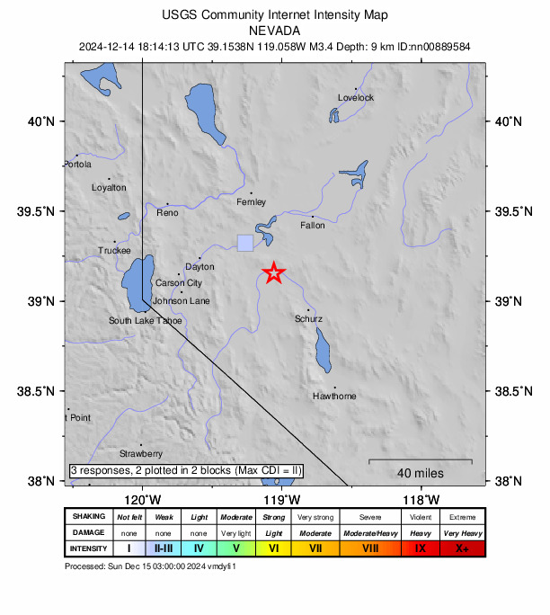 USGS DYFI community-reported intensity map for the M3.4 earthquake near 20 km NNE of Yerington, Nevada
