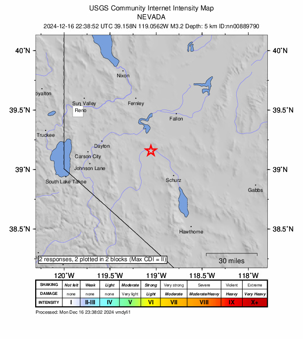 USGS DYFI community-reported intensity map for the M3.2 earthquake near 21 km NNE of Yerington, Nevada