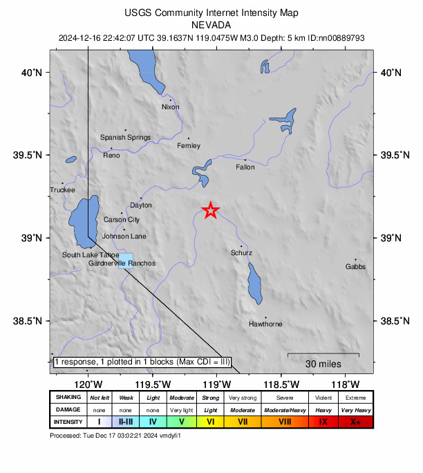 USGS DYFI community-reported intensity map for the M3.0 earthquake near 22 km NNE of Yerington, Nevada