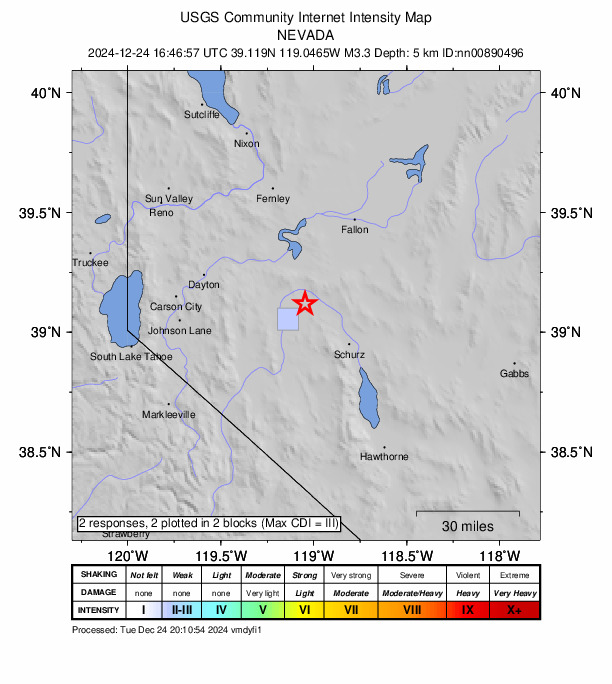 USGS DYFI community-reported intensity map for the M3.3 earthquake near 17 km NE of Yerington, Nevada