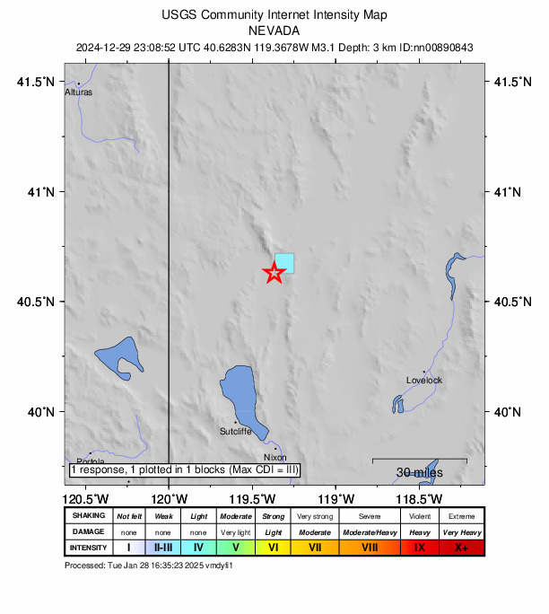 USGS DYFI community-reported intensity map for the M3.1 earthquake near 2 km SSW of Gerlach, Nevada
