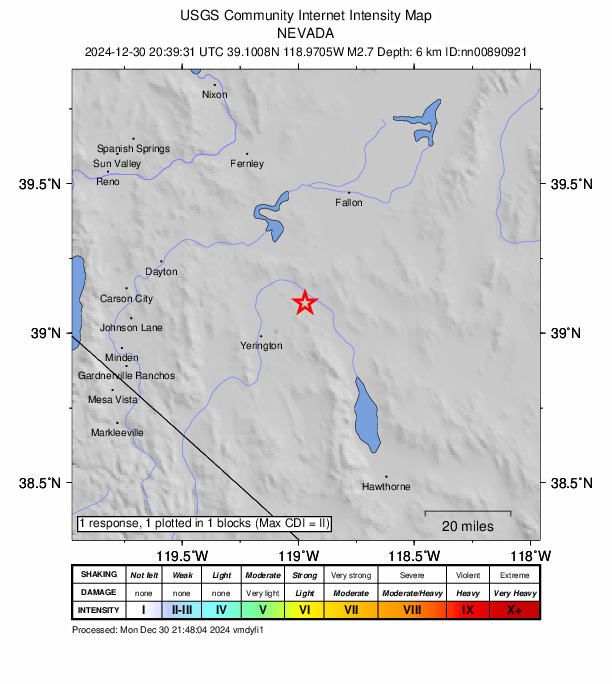 USGS DYFI community-reported intensity map for the M2.7 earthquake near 20 km NE of Yerington, Nevada