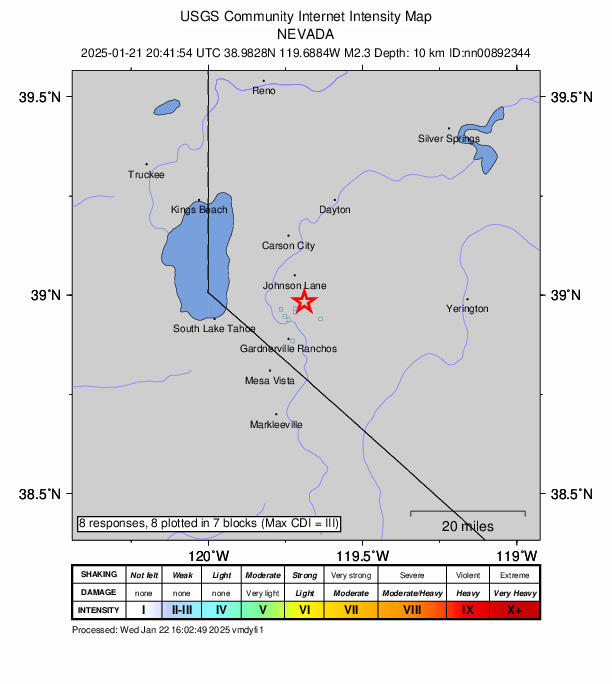USGS DYFI community-reported intensity map for the M2.3 earthquake near 4 km NNE of East Valley, Nevada