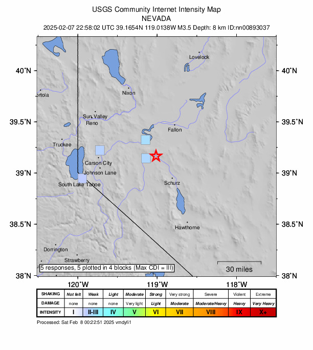USGS DYFI community-reported intensity map for the M3.5 earthquake near 23 km NNE of Yerington, Nevada