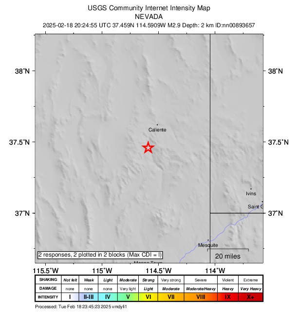 USGS DYFI community-reported intensity map for the M2.9 earthquake near 18 km SSW of Caliente, Nevada