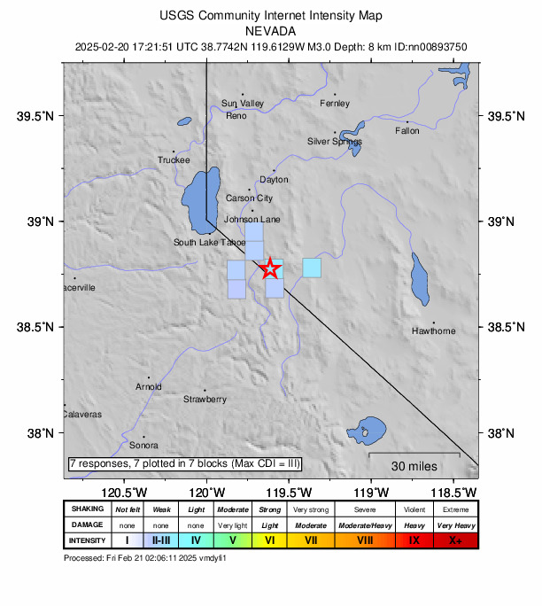 USGS DYFI community-reported intensity map for the M3.0 earthquake near 10 km SSE of Carter Springs, Nevada