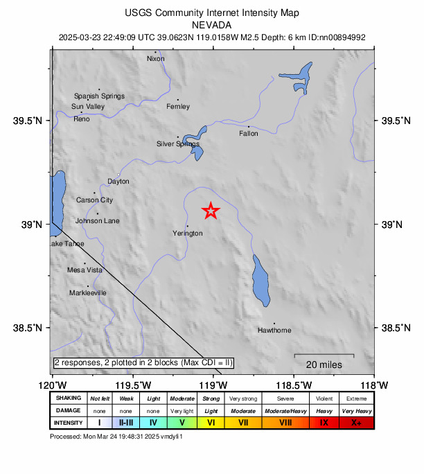 USGS DYFI community-reported intensity map for the M2.5 earthquake near 15 km ENE of Yerington, Nevada
