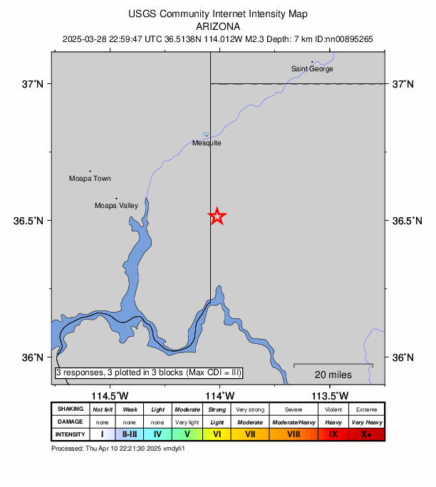 USGS DYFI community-reported intensity map for the M2.3 earthquake near 30 km SSE of Bunkerville, Nevada