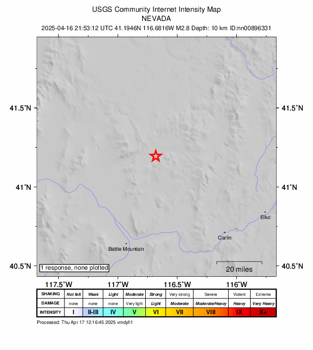 USGS DYFI community-reported intensity map for the M2.8 earthquake near 58 km NE of Valmy, Nevada