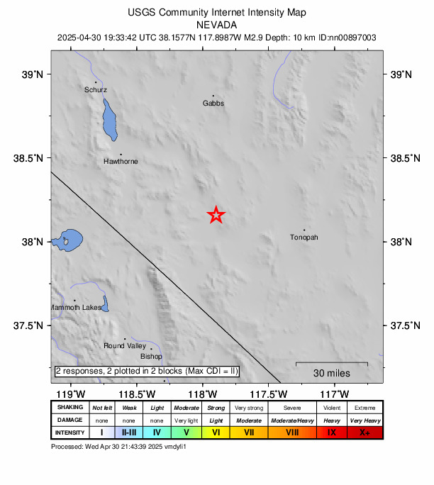 USGS DYFI community-reported intensity map for the M2.9 earthquake near 31 km SE of Mina, Nevada