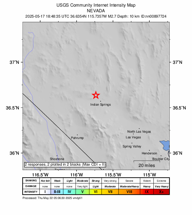 USGS DYFI community-reported intensity map for the M2.7 earthquake near 9 km NW of Indian Springs, Nevada