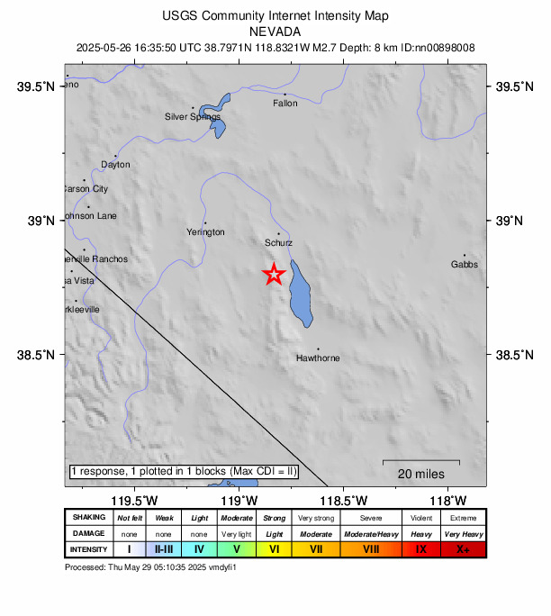 USGS DYFI community-reported intensity map for the M2.7 earthquake near 17 km S of Schurz, Nevada