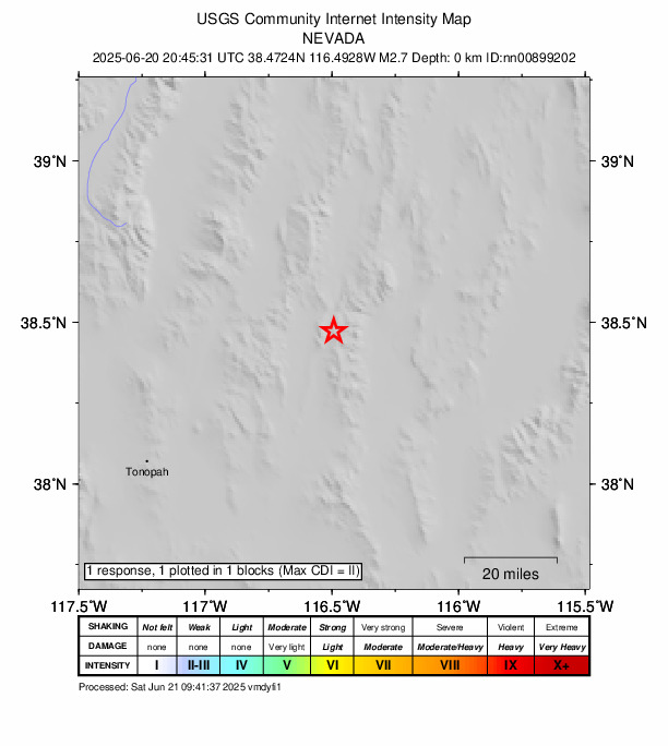 USGS DYFI community-reported intensity map for the M2.7 earthquake near 78 km NE of Tonopah, Nevada