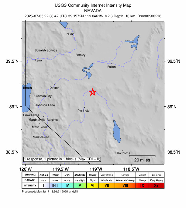 USGS DYFI community-reported intensity map for the M2.6 earthquake near 21 km NNE of Yerington, Nevada