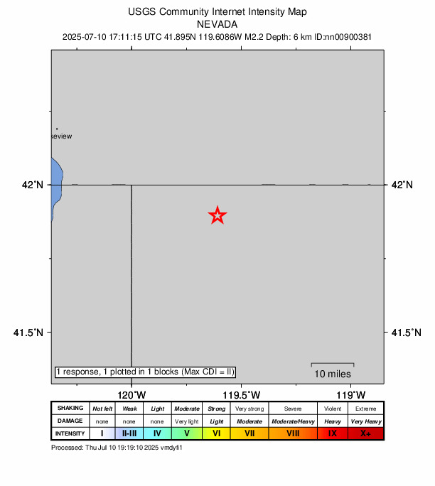 USGS DYFI community-reported intensity map for the M2.2 earthquake near 45 km E of Fort Bidwell, California
