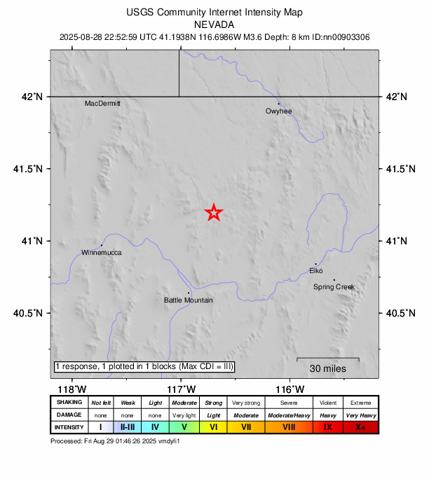 USGS DYFI community-reported intensity map for the M3.6 earthquake near 57 km NE of Valmy, Nevada