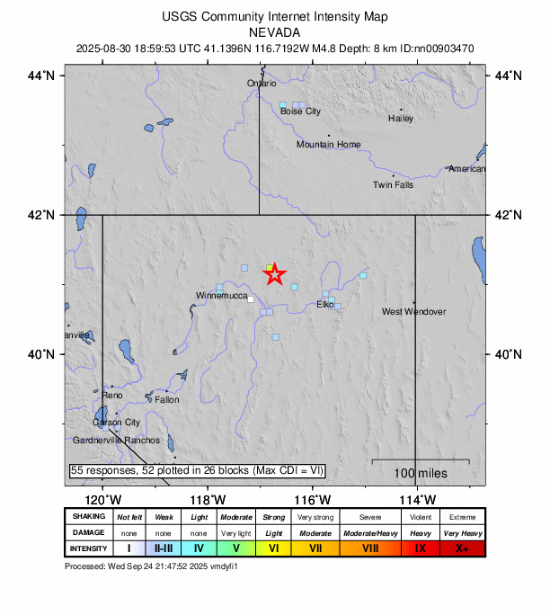 USGS DYFI community-reported intensity map for the M4.8 earthquake near 51 km NE of Valmy, Nevada