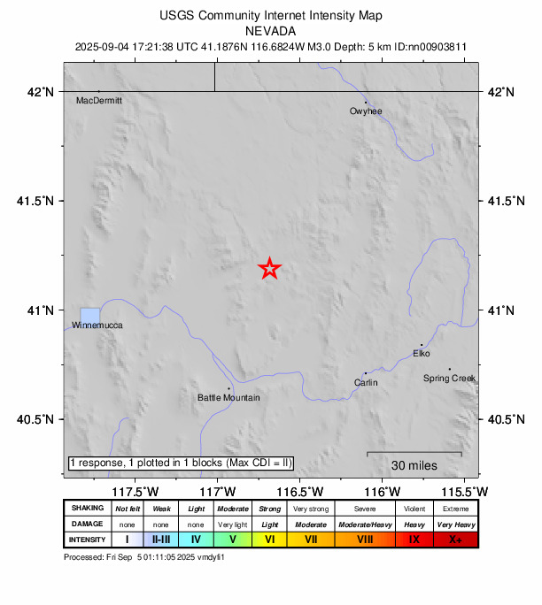 USGS DYFI community-reported intensity map for the M3.0 earthquake near 57 km NE of Valmy, Nevada