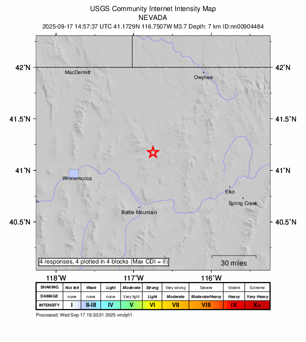 USGS DYFI community-reported intensity map for the M3.7 earthquake near 52 km NE of Valmy, Nevada