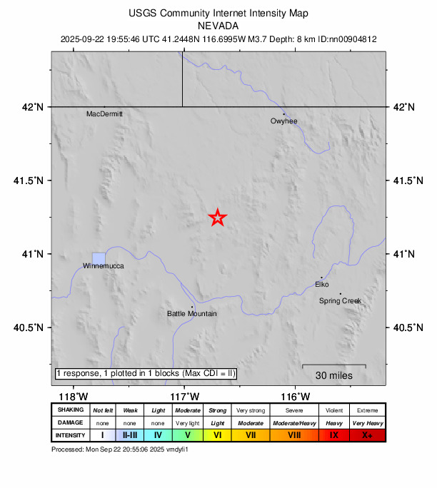 USGS DYFI community-reported intensity map for the M3.7 earthquake near 61 km NE of Valmy, Nevada