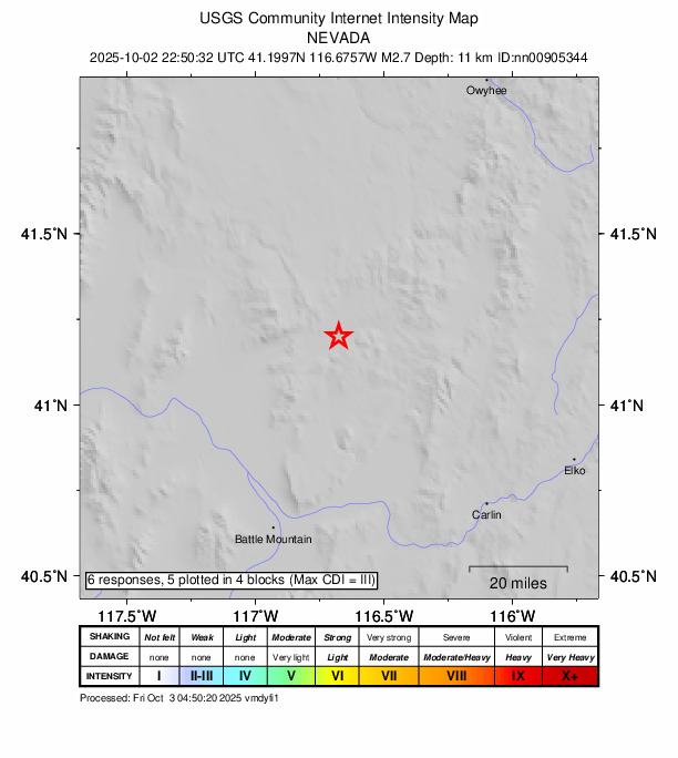 USGS DYFI community-reported intensity map for the M2.7 earthquake near 59 km NE of Valmy, Nevada