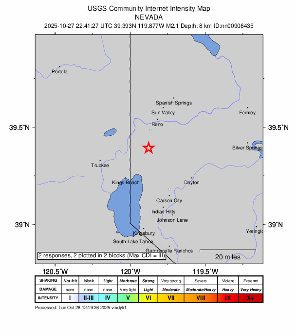 USGS DYFI community-reported intensity map for the M2.1 earthquake near 12 km E of Floriston, California