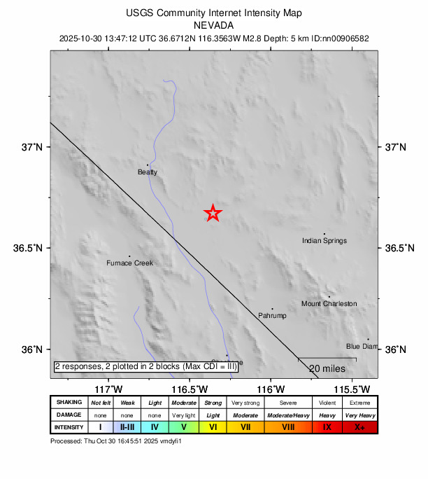 USGS DYFI community-reported intensity map for the M2.8 earthquake near 44 km SE of Beatty, Nevada