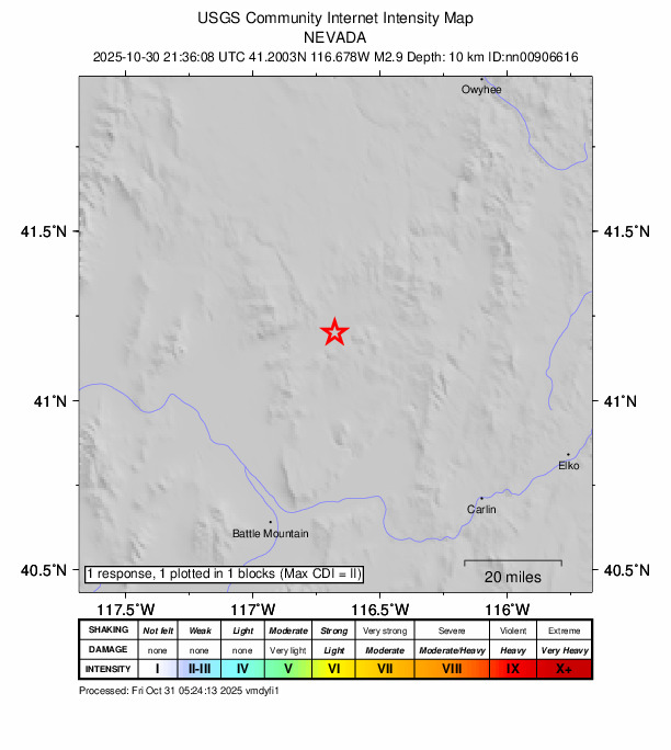 USGS DYFI community-reported intensity map for the M2.9 earthquake near 58 km NE of Valmy, Nevada