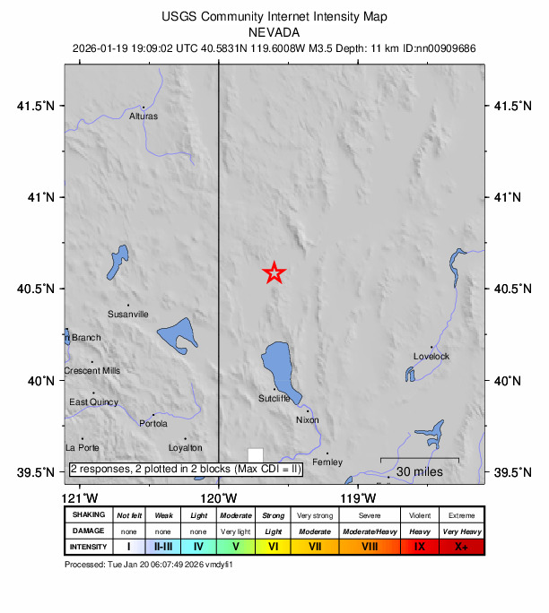 USGS DYFI community-reported intensity map for the M3.5 earthquake near 21 km W of Empire, Nevada