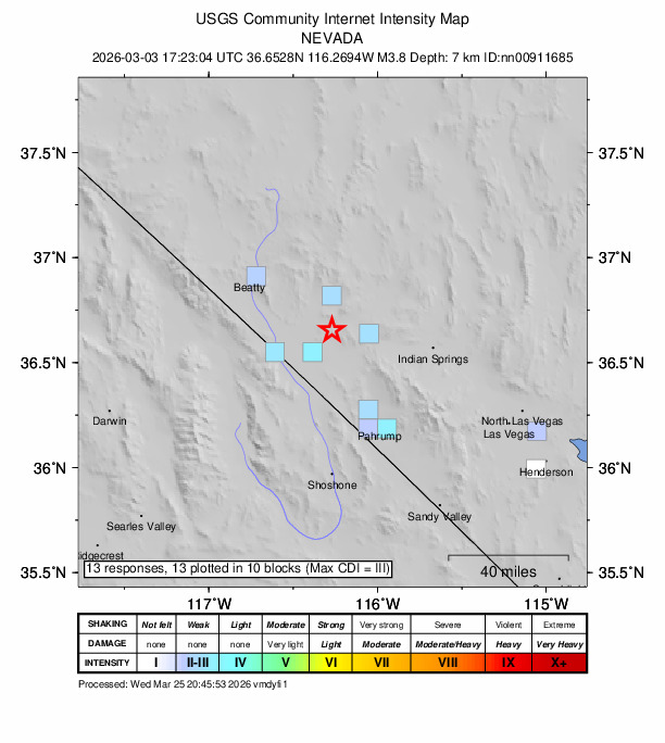 USGS DYFI community-reported intensity map for the M3.8 earthquake near 52 km ESE of Beatty, Nevada