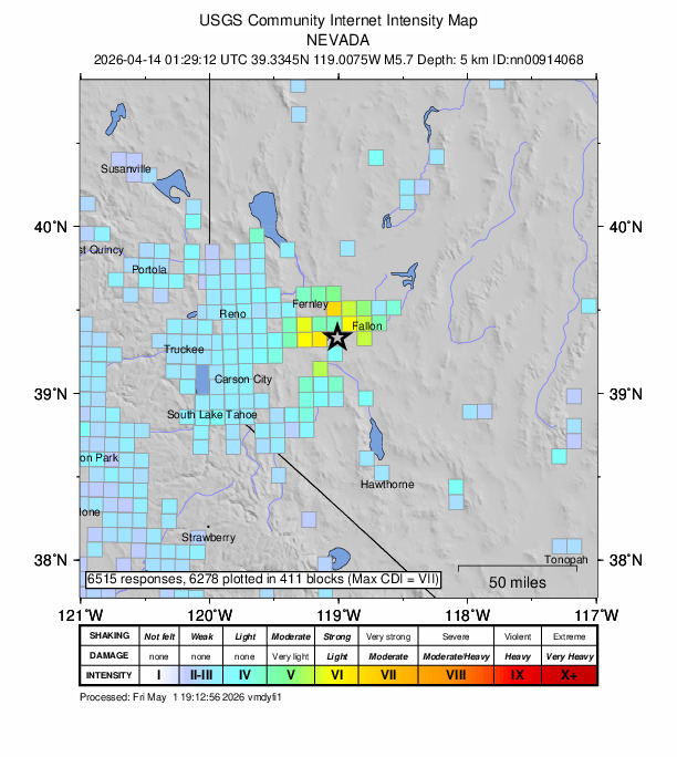 USGS DYFI community-reported intensity map for the M5.7 earthquake near 20 km ESE of Silver Springs, Nevada
