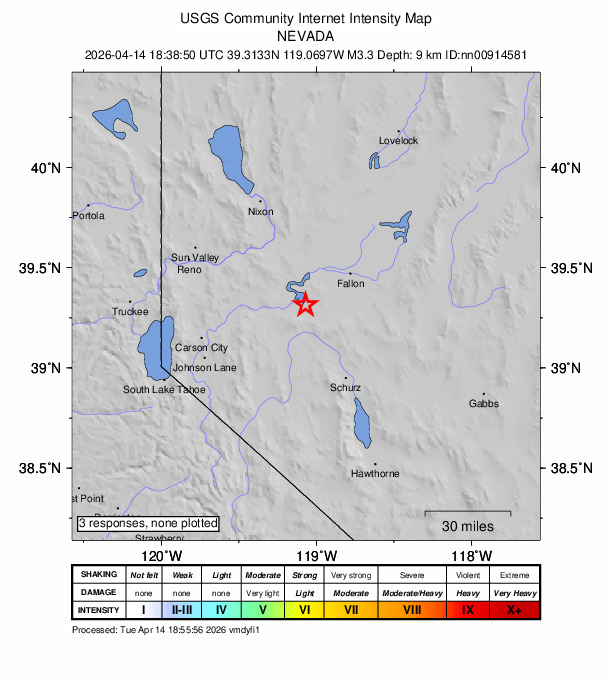 USGS DYFI community-reported intensity map for the M3.5 earthquake near 17 km SE of Silver Springs, Nevada