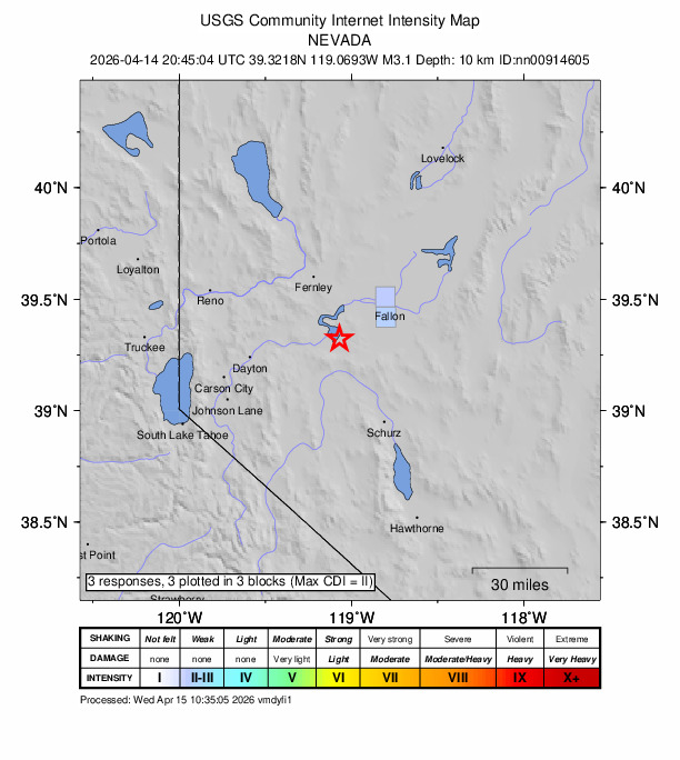 USGS DYFI community-reported intensity map for the M3.1 earthquake near 16 km SE of Silver Springs, Nevada
