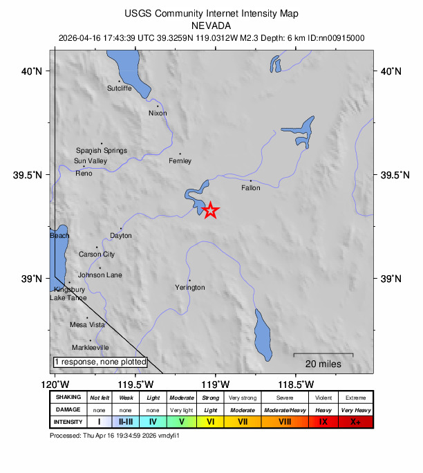 USGS DYFI community-reported intensity map for the M2.3 earthquake near 19 km ESE of Silver Springs, Nevada
