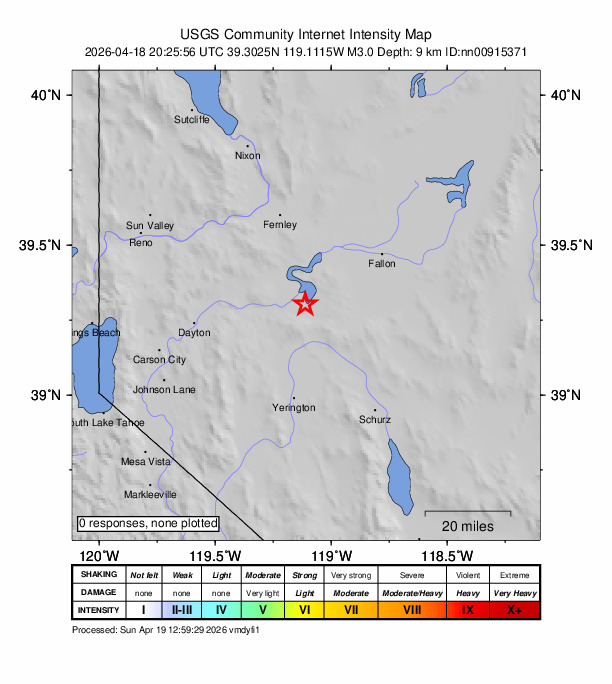 USGS DYFI community-reported intensity map for the M3.0 earthquake near 15 km SE of Silver Springs, Nevada