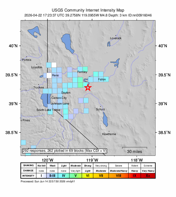 USGS DYFI community-reported intensity map for the M4.8 earthquake near 19 km SE of Silver Springs, Nevada