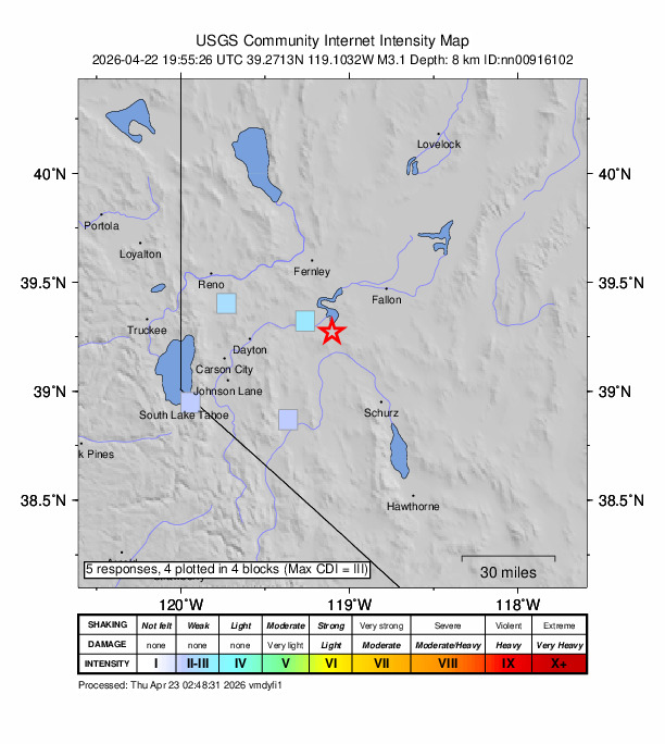 USGS DYFI community-reported intensity map for the M3.1 earthquake near 19 km SSE of Silver Springs, Nevada