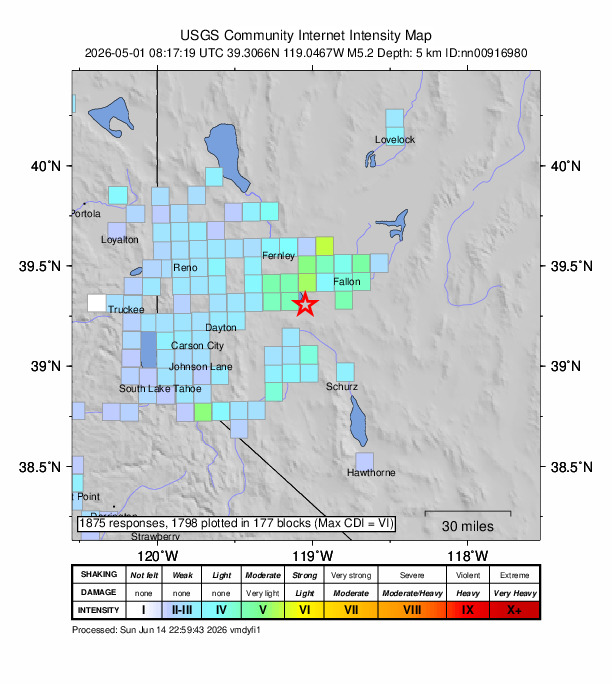 USGS DYFI community-reported intensity map for the M5.2 earthquake near 19 km SE of Silver Springs, Nevada