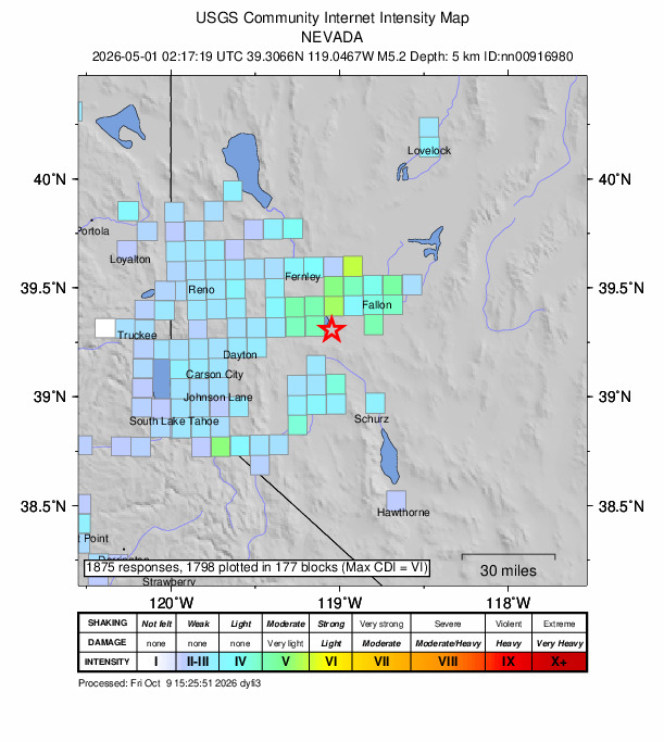 USGS DYFI community-reported intensity map for the M5.2 earthquake near 19 km SE of Silver Springs, Nevada