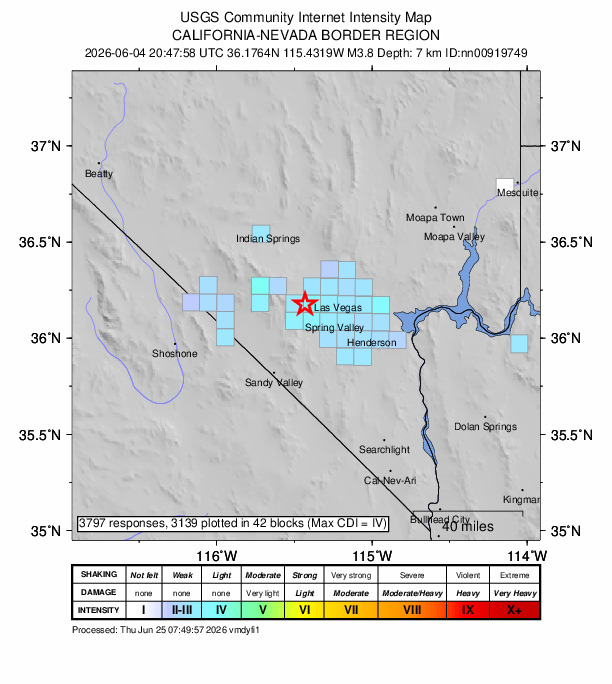 USGS DYFI community-reported intensity map for the M3.8 earthquake near 11 km NW of Summerlin South, Nevada